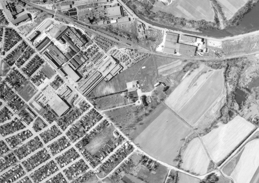 A black and white aerial photo of the Mohawk Institute School Grounds from 1971