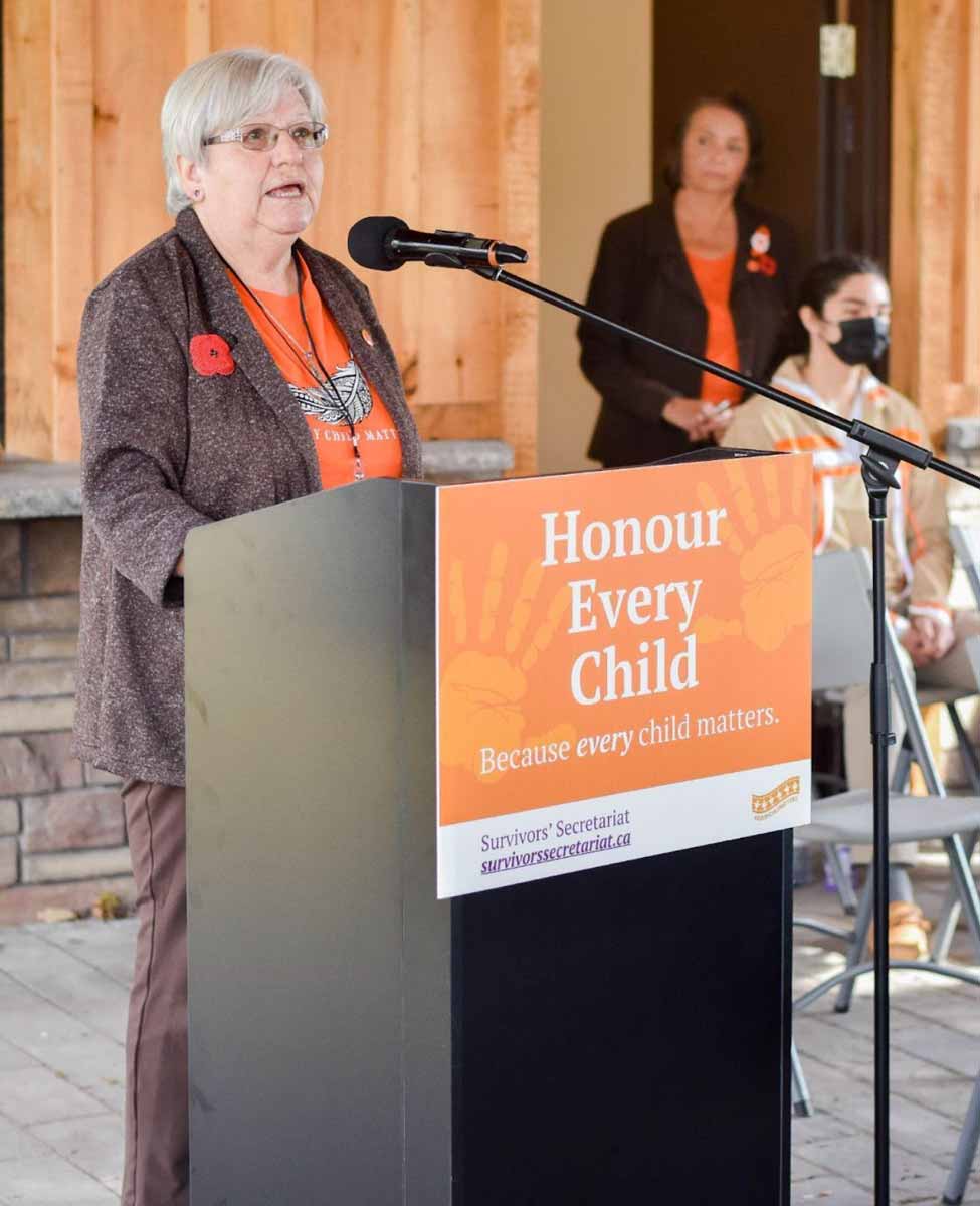 Survivors’ Secretariat Board of Director member and Mohawk Institute Survivor, Dawn Hill, speaks at a Press Conference in 2021.